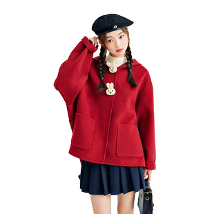 紫涵连帽斗篷双面羊毛呢红色大衣女冬季新款学院风小个子短款外套