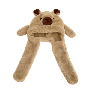 耳朵会动的卡皮巴拉帽子儿童护耳帽围巾一体冬季保暖防寒毛绒男女