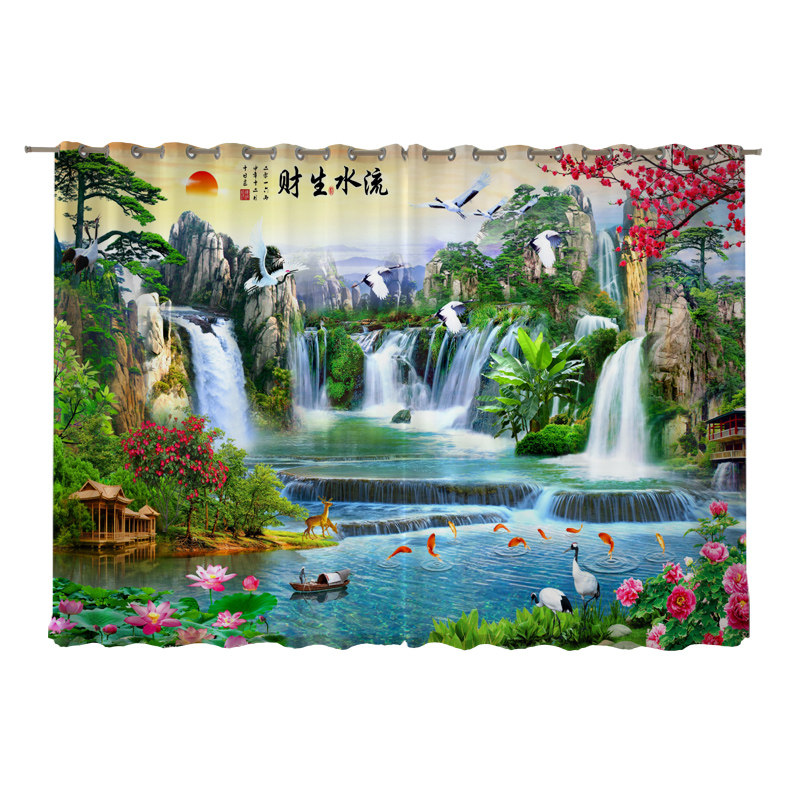 中式禅意水墨隔断落地窗帘布沙
