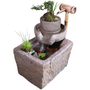 中式客厅流水鱼缸喷泉玄关落地水景观石磨摆件民宿水池造景装饰品