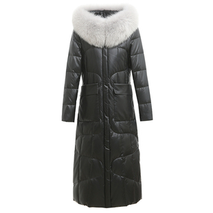 2025冬季新款海宁真皮羽绒服女中长款修身绵羊皮过膝狐狸毛领外套