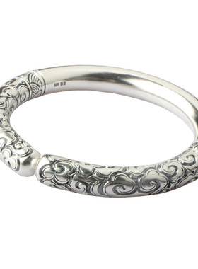 银手镯四叶草雕花古法磨砂哑光