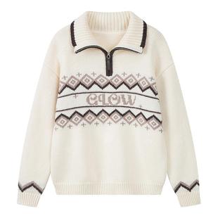 笛莎官旗青少年女孩2025秋冬新款翻领字母提花复古学院风加厚毛衣