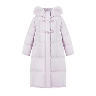 秋水伊人牛角扣羽绒服女紫色2026春季新款中长款毛领加厚保暖外套