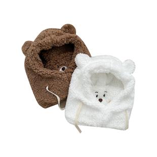 宝宝帽子围脖一体口罩秋冬季儿童毛绒护耳套头帽男童女童可爱超萌