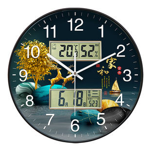 简约静音客厅温湿度挂钟家用餐厅免打孔轻奢双日历日期装饰时钟