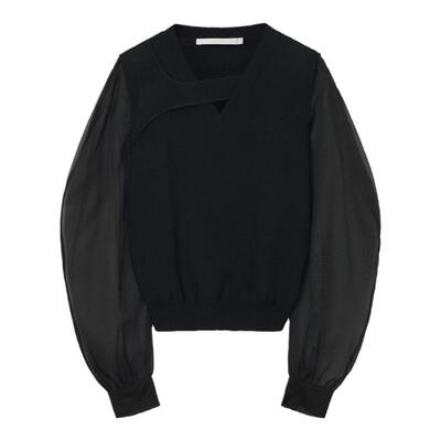 飘蕾网纱袖拼接针织衫