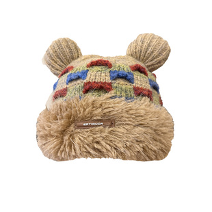 韩国新款熊耳朵毛绒针织帽女百搭保暖加绒护耳套头帽秋冬防寒冷帽