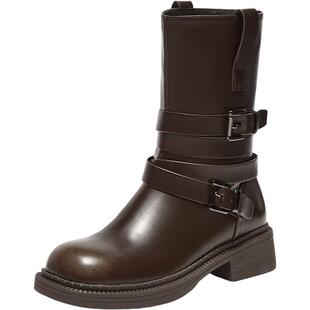 百思图冬季新款简约户外街头潮流休闲靴粗跟女中靴CC886DZ4