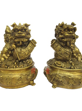 足铜狮咬剑聚宝盆风水摆件