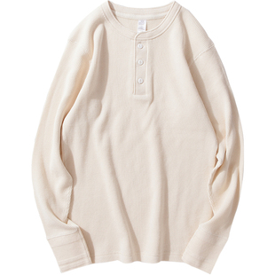 美式咔叽重磅纯棉加厚315g华夫布亨利领长袖 男弹力修身打底衫秋