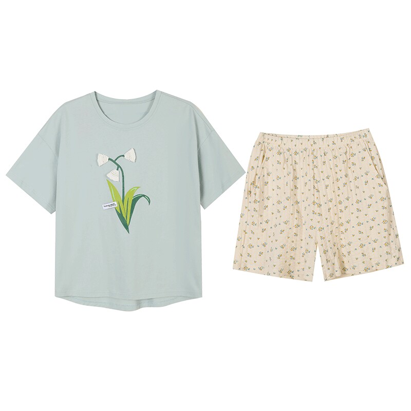 秋鹿针织纯棉睡衣女款夏款圆领短袖碎花短裤青少年家居服女夏套装