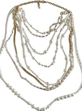 多层仿珍珠串珠项链毛衣链条