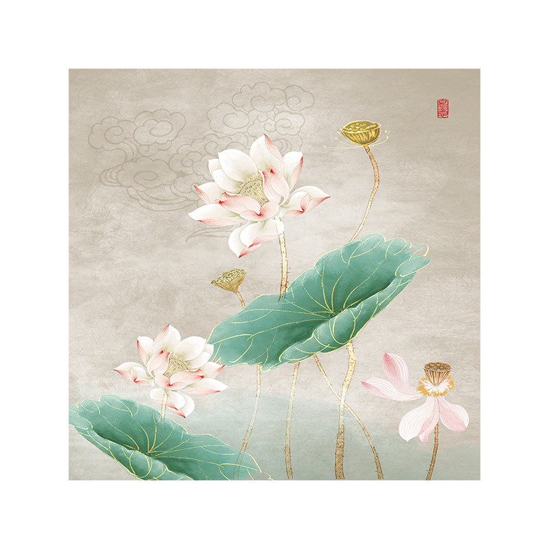 中式荷花图案浴室瓷砖背景墙定制