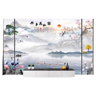 岩板电视背景墙3D雕刻客厅新中式微晶石山水花鸟大理石影视墙瓷砖