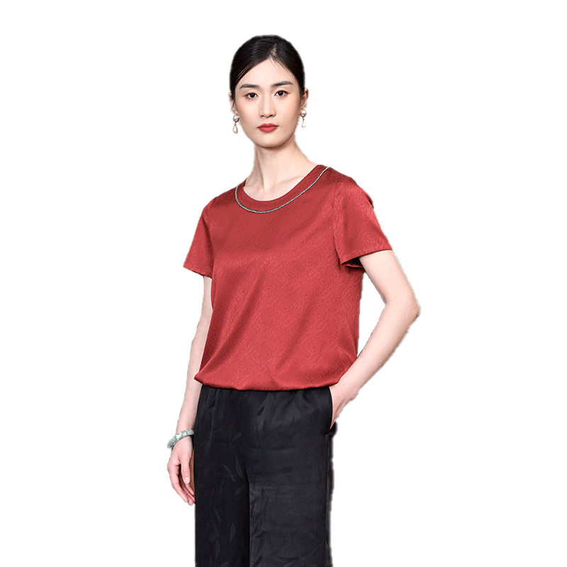 佐尔美夏季素色桑波缎真丝短袖宽松桑蚕丝衬衫女E22CS18