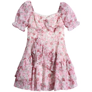 安妮不火 玫瑰碎花裙子女收腰2024春夏新款微胖大码荷叶边连衣裙