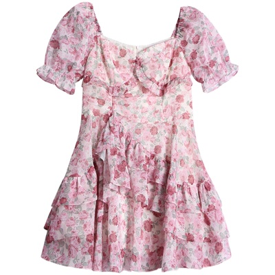 田园A字型碎花不规则裙摆