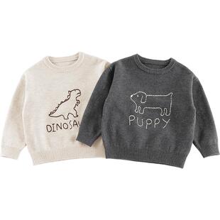 马克珍妮男童线条动物圆领毛衣 儿童针织衫2025年秋冬装241771