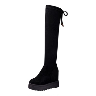 厚底长筒靴女绒面过膝靴新款10cm内增高小个子显瘦弹力长靴高筒靴