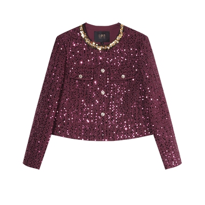 白鹿语优雅亮片织带单排扣外套