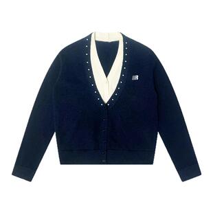 FDR官方店 V领撞色拼接钉珠长袖针织衫女春季假两件毛衣开衫上衣