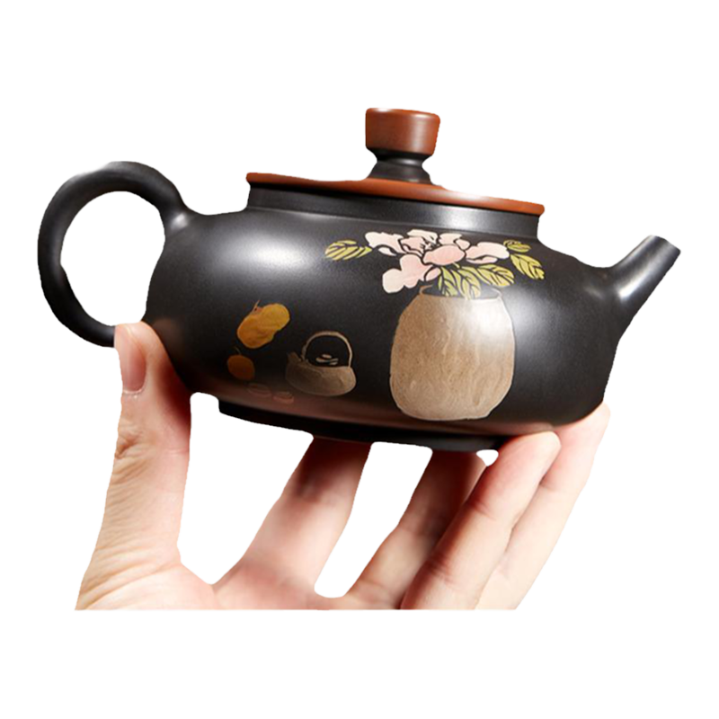 此時(shí)此刻 建水紫陶大容量茶壺邱秋麗全手工彩填扁腹壺泡茶壺陶壺