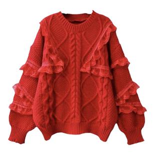 秋冬爆款复古麻花外穿针织衫蕾丝拼接毛衣女套头韩版宽松学生短款