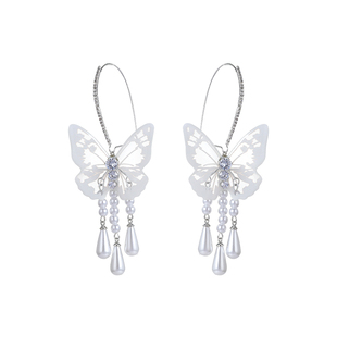 超仙气质立体白色蝴蝶珍珠流苏耳环小众夸张长款中式耳钩耳坠耳饰