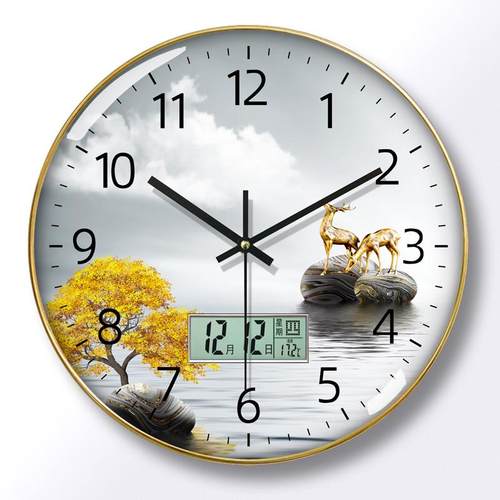 新中式带日历石英钟挂墙静音挂钟客厅万年历现代时钟简约挂表家用