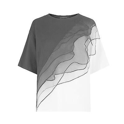 s.deer欧根纱撞色拼接短袖T恤