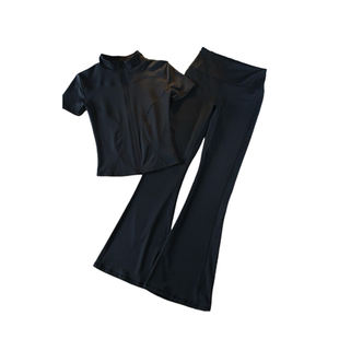 短袖瑜伽服套装女秋速干高腰喇叭裤时尚训练收腰显瘦立领健身半袖