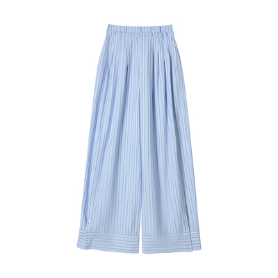 Uena蓝色条纹双腰头阔腿休闲裤