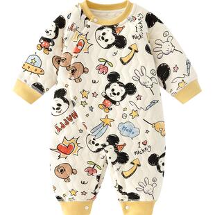 迪士尼婴儿连体衣秋冬夹棉保暖哈衣小月龄宝宝卡通米奇米妮爬爬服
