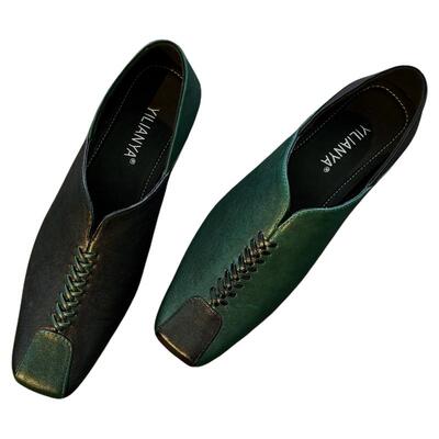 复古拼色粗跟可踩跟单鞋女大码春