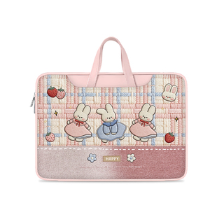 粉色刺绣小兔笔记本电脑包高级感防摔减震适用于苹果macbook电脑包14寸air13华为matebook联想16寸手提内胆包