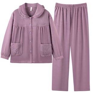 海岛绒睡衣女妈妈款秋冬季薄款珊瑚绒家居服春秋薄绒保暖大码套装