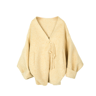 SailingLUO/25冬新款东方韵味茧型V领斗篷羊毛驼绒短大衣毛呢外套