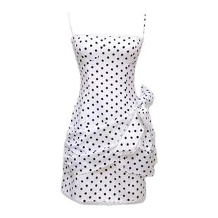 Cjxnh波点连衣裙吊带 蝴蝶结显瘦百搭气质包臀裙白色少女纯欲风