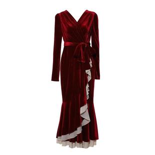 DPLAY2025秋季新款法式红色V领丝绒鱼尾裙气质长款连衣裙长袖女