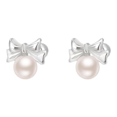 小众设计感小巧蝴蝶结珍珠耳钉螺丝拧扣气质蝴蝶扣耳环S999纯银女