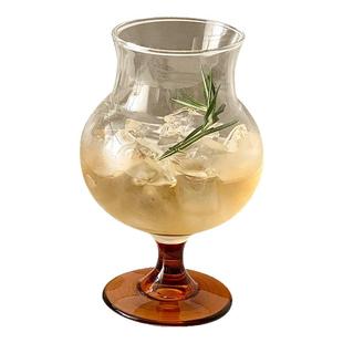 琥珀色高脚玻璃杯家用夏天高级感小众大肚饮品果汁果茶杯啤酒杯子