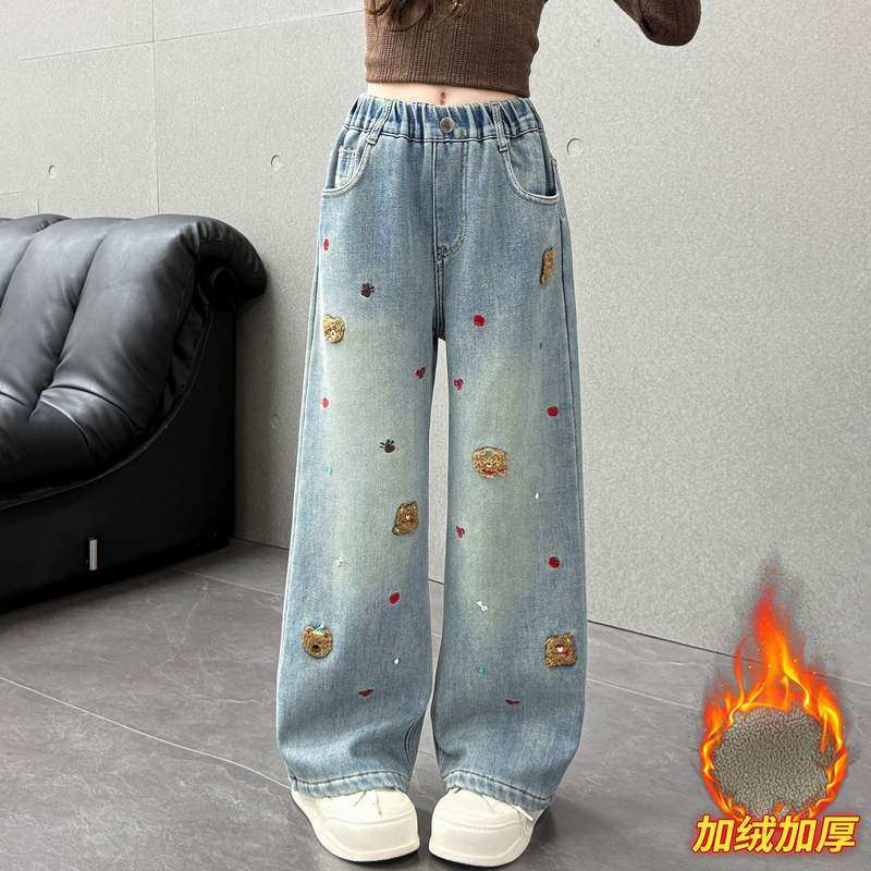 加绒牛仔裤女童冬季2025新款初中生一体绒裤子秋冬款女大童阔腿裤