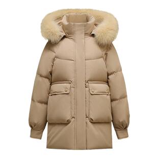 啄木鸟中长款羽绒服女士冬季2025新款时尚宽松大毛领加厚保暖外套