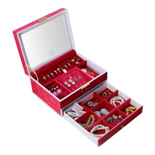 大容量双层首饰收纳盒带LED化妆镜精致带锁抽屉式珠宝黄金收纳盒