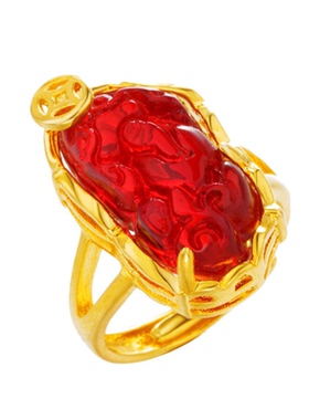 复古红宝石貔貅金钱女戒指货源沙金铜镀金仿和田玉开口指环