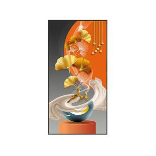 进门入户玄关装饰画银杏叶晶瓷镶钻壁画墙画走廊过道挂画轻奢竖版