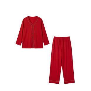 V领金边高级感红色睡衣家居服国风春秋款本命年送礼莫代尔棉宽松