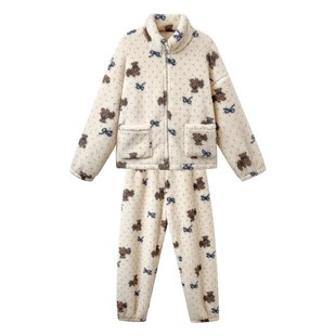 文森熊猫蝴蝶结小熊睡衣家居服套装女士可爱慵懒珊瑚绒睡衣两件套