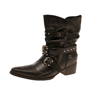 韩国小众设计感铆钉朋克风西部短靴女2026春秋显瘦粗跟尖头骑士靴
